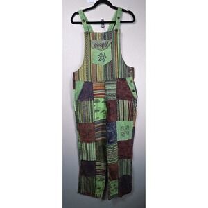 Patchwork Boho Festival Overalls Wide Leg Cotton Dungarees Green OSPatchwork...